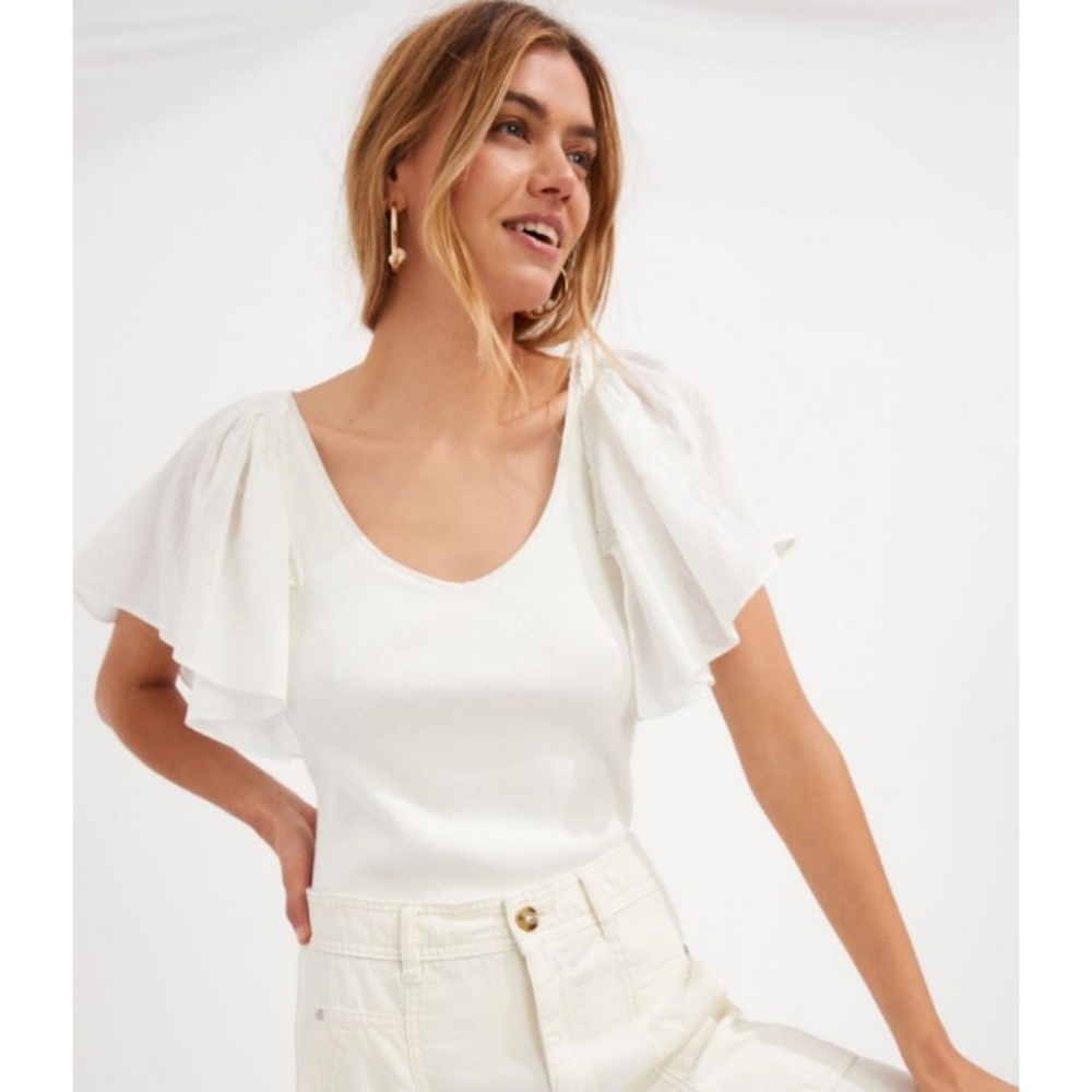 ❌SOLD❌️Maeve by Anthropologie White Flutter Sleeve Stretchy Rib Knit V-Neck Top - Picture 1 of 11